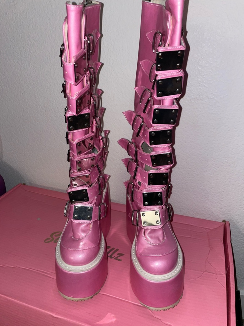 Demonia SWING 815 Platform Knee High Buckle Boots in Pink